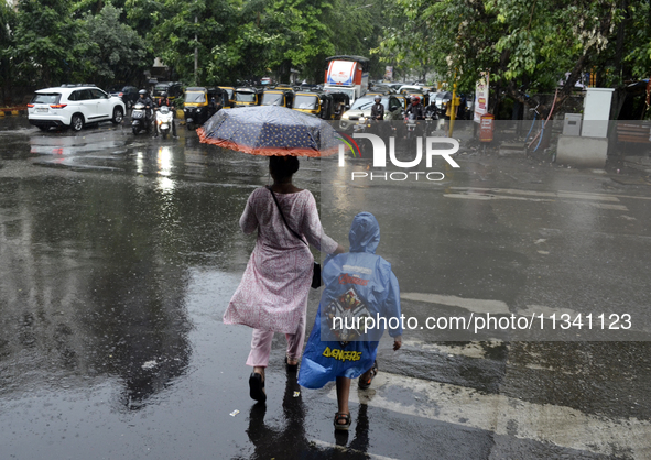 A pedestrian is carrying an umbrella during rainfall in Mumbai, India, on June 18, 2024. 