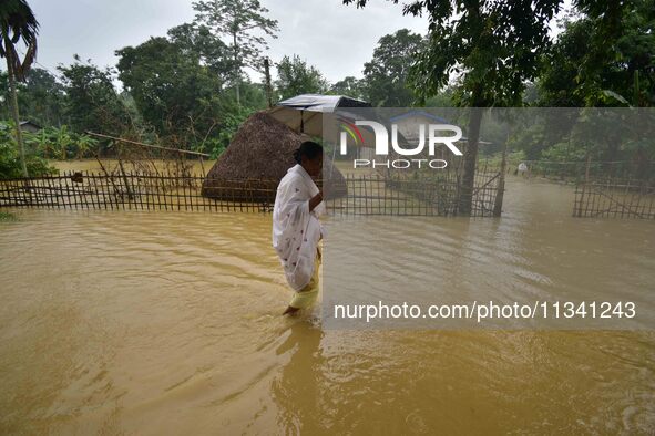 A woman is walking through a flooded road following rains in Changchaki village in Nagaon District of Assam, India, on June 18, 2024. 