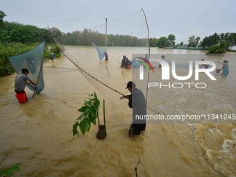 People are fishing on flood water following rains in Changchaki village in Nagaon District of Assam, India, on June 18, 2024. (