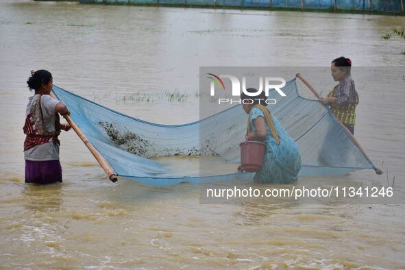 People are fishing on flood water following rains in Changchaki village in Nagaon District of Assam, India, on June 18, 2024. 