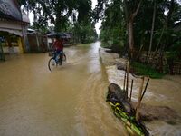 A man is riding his bicycle through a flooded road following rains in Changchaki village in Nagaon District of Assam, India, on June 18, 202...