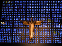 A statue of Jesus Christ is standing inside the Kaiser Wilhelm Memorial Church in Berlin, Germany, on June 18, 2024. (