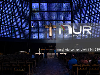 A statue of Jesus Christ is standing inside the Kaiser Wilhelm Memorial Church in Berlin, Germany, on June 18, 2024. (