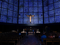 A statue of Jesus Christ is standing inside the Kaiser Wilhelm Memorial Church in Berlin, Germany, on June 18, 2024. (