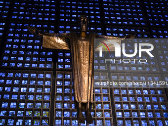 A statue of Jesus Christ is standing inside the Kaiser Wilhelm Memorial Church in Berlin, Germany, on June 18, 2024. (