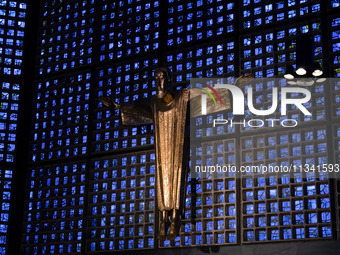 A statue of Jesus Christ is standing inside the Kaiser Wilhelm Memorial Church in Berlin, Germany, on June 18, 2024. (