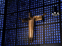 A statue of Jesus Christ is standing inside the Kaiser Wilhelm Memorial Church in Berlin, Germany, on June 18, 2024. (