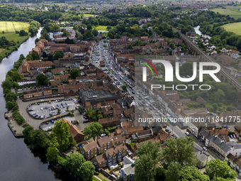 An aerial view is showing the High Street in Yarm on Tees, North Yorkshire, on June 18, 2024. (