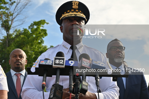 Superintendent Larry Snelling of Chicago Police (Middle) and Mayor of Chicago Brandon Johnson (Right) are attending a press conference at St...