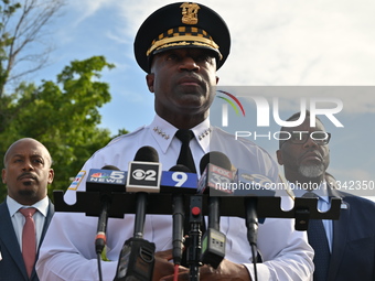 Superintendent Larry Snelling of Chicago Police (Middle) and Mayor of Chicago Brandon Johnson (Right) are attending a press conference at St...