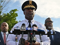 Superintendent Larry Snelling of Chicago Police (Middle) and Mayor of Chicago Brandon Johnson (Right) are attending a press conference at St...