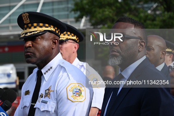 Superintendent Larry Snelling of Chicago Police (Left) and Mayor of Chicago Brandon Johnson (Right) are attending a press conference at Stro...