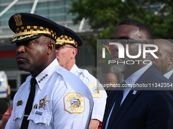 Superintendent Larry Snelling of Chicago Police (Left) and Mayor of Chicago Brandon Johnson (Right) are attending a press conference at Stro...