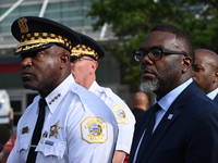 Superintendent Larry Snelling of Chicago Police (Left) and Mayor of Chicago Brandon Johnson (Right) are attending a press conference at Stro...