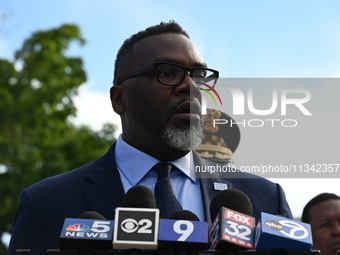 Mayor of Chicago Brandon Johnson is attending a press conference at Stroger Hospital on the shooting death of a 7-year-old boy. A 7-year-old...