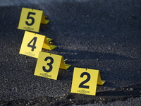 Shell casings are being located at the crime scene on Tuesday afternoon. Two men are in serious condition after being shot in Chicago, Illin...