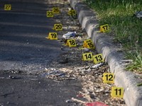 Shell casings are being located at the crime scene on Tuesday afternoon. Two men are in serious condition after being shot in Chicago, Illin...