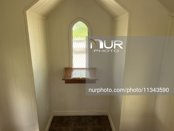 The interior of the Living Water Wayside Chapel in Niagara-on-the-Lake, Ontario, Canada, is being shown. The chapel is being built in 1964 b...