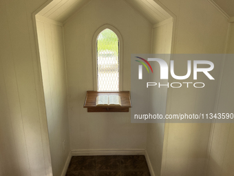 The interior of the Living Water Wayside Chapel in Niagara-on-the-Lake, Ontario, Canada, is being shown. The chapel is being built in 1964 b...