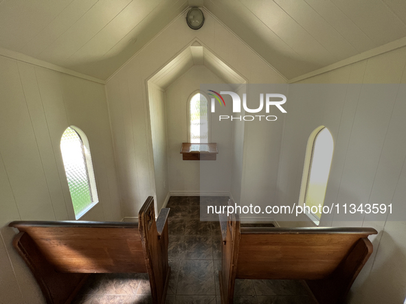 The interior of the Living Water Wayside Chapel in Niagara-on-the-Lake, Ontario, Canada, is being shown. The chapel is being built in 1964 b...