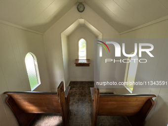 The interior of the Living Water Wayside Chapel in Niagara-on-the-Lake, Ontario, Canada, is being shown. The chapel is being built in 1964 b...