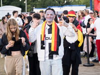 German football fans are celebrating after the Germany vs. Hungary match ahead of UEFA EURO 2024 at a fan base near the Brandenburg Gate in...