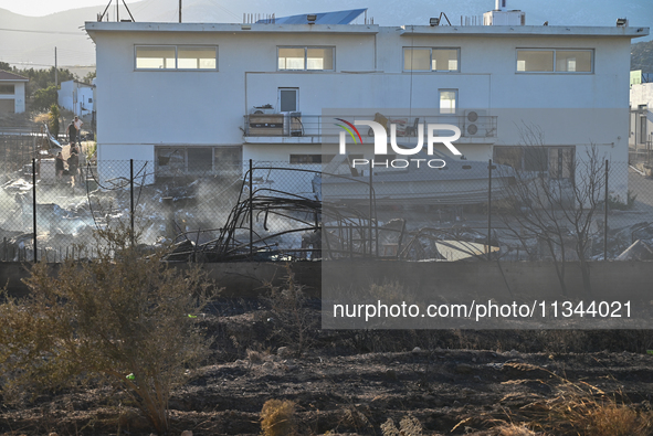 Industrial property is being damaged by a wildfire breaking out in Koropi near Athens, Greece, on June 19, 2024. 