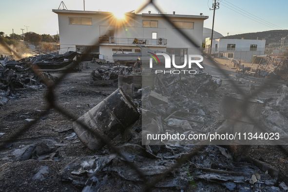 Industrial property is being damaged by a wildfire breaking out in Koropi near Athens, Greece, on June 19, 2024. 