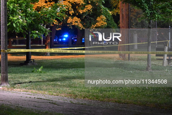 An 18-year-old male victim is being shot in Chicago, Illinois, United States, on June 19, 2024. Shell casings are being located inside of Ch...