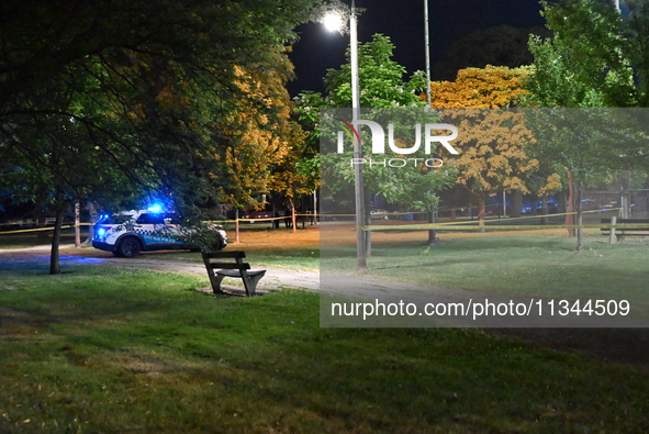 An 18-year-old male victim is being shot in Chicago, Illinois, United States, on June 19, 2024. Shell casings are being located inside of Ch...