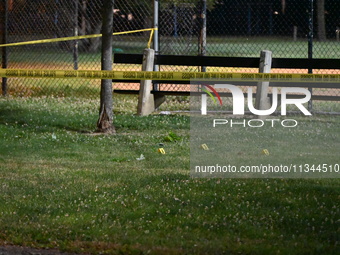 An 18-year-old male victim is being shot in Chicago, Illinois, United States, on June 19, 2024. Shell casings are being located inside of Ch...