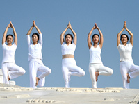 Yoga lovers are practicing yoga at Fengfeng Health Theme Cultural Park in Handan, China, on June 20, 2024. (