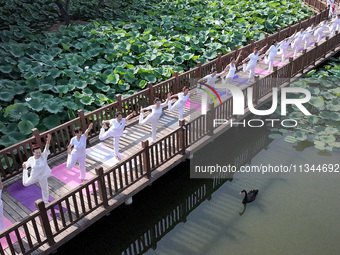 Yoga lovers are practicing yoga at Fengfeng Health Theme Cultural Park in Handan, China, on June 20, 2024. (