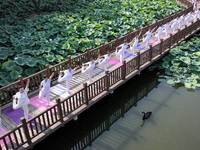 Yoga lovers are practicing yoga at Fengfeng Health Theme Cultural Park in Handan, China, on June 20, 2024. (