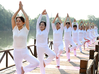 Yoga lovers are practicing yoga at Fengfeng Health Theme Cultural Park in Handan, China, on June 20, 2024. (