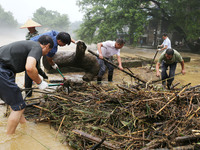 Villagers are braving the rain to clean branches stuck on a bridge in Banlan township, Rongan County, Liuzhou city, South China's Guangxi Zh...