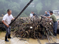 Villagers are braving the rain to clean branches stuck on a bridge in Banlan township, Rongan County, Liuzhou city, South China's Guangxi Zh...