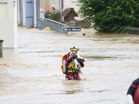 Firefighters are rescuing a dog after a huge storm in Narcy, center in France, on June 20, 2024. (