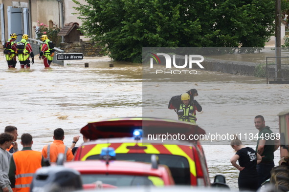 Firefighters are rescuing a dog after a huge storm in Narcy, center in France, on June 20, 2024. 