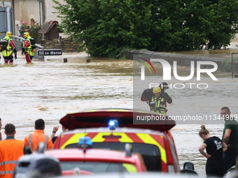 Firefighters are rescuing a dog after a huge storm in Narcy, center in France, on June 20, 2024. (