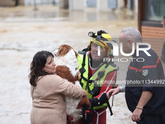 Firefighters are rescuing a dog after a huge storm in Narcy, center in France, on June 20, 2024. (