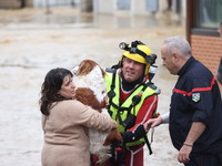 Firefighters are rescuing a dog after a huge storm in Narcy, center in France, on June 20, 2024. (