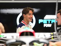 George Russell of Mercedes-AMG Petronas is speaking into the box during Thursday media day of the Spanish GP, the 10th round of the Formula...