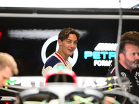 George Russell of Mercedes-AMG Petronas is speaking into the box during Thursday media day of the Spanish GP, the 10th round of the Formula...