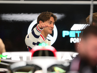 George Russell of Mercedes-AMG Petronas is speaking into the box during Thursday media day of the Spanish GP, the 10th round of the Formula...