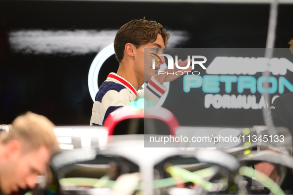 George Russell of Mercedes-AMG Petronas is speaking into the box during Thursday media day of the Spanish GP, the 10th round of the Formula...