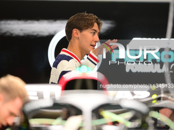 George Russell of Mercedes-AMG Petronas is speaking into the box during Thursday media day of the Spanish GP, the 10th round of the Formula...