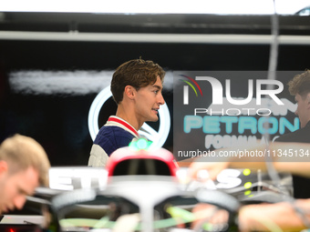 George Russell of Mercedes-AMG Petronas is speaking into the box during Thursday media day of the Spanish GP, the 10th round of the Formula...