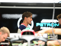 George Russell of Mercedes-AMG Petronas is speaking into the box during Thursday media day of the Spanish GP, the 10th round of the Formula...