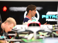 George Russell of Mercedes-AMG Petronas is speaking into the box during Thursday media day of the Spanish GP, the 10th round of the Formula...